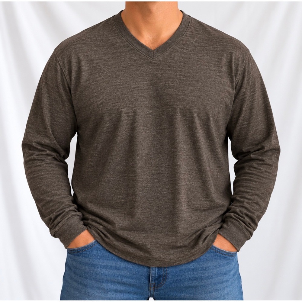 Perry Ellis V-Neck Shirt XXL Brown Good Ribbed Long Sleeve Cotton Blend